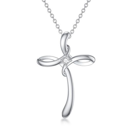 Sterling Silver Round Lab Created Diamond Cross Pendant Necklace