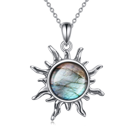 Sterling Silver Round Lablagite Sun Pendant Necklace