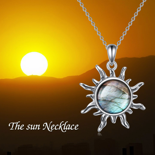 Sterling Silver Round Lablagite Sun Pendant Necklace-3