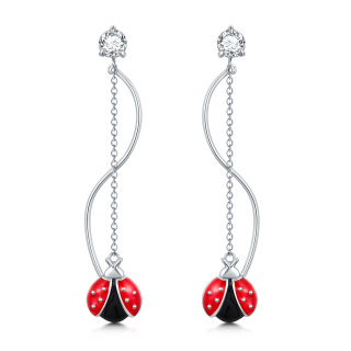 Sterling Silver Round Cubic Zirconia Ladybug Drop Earrings-3