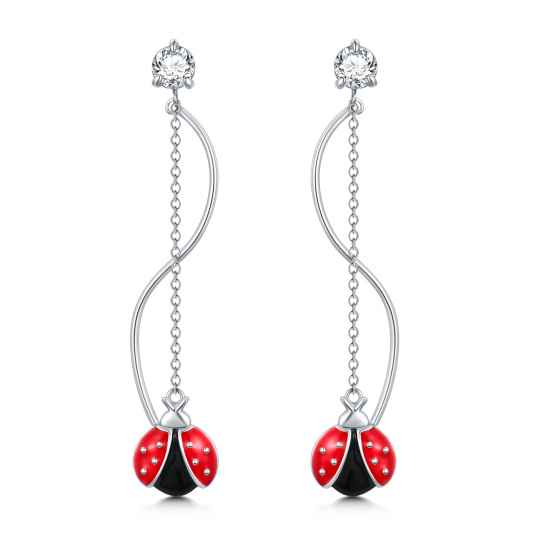 Sterling Silver Round Cubic Zirconia Ladybug Drop Earrings-4