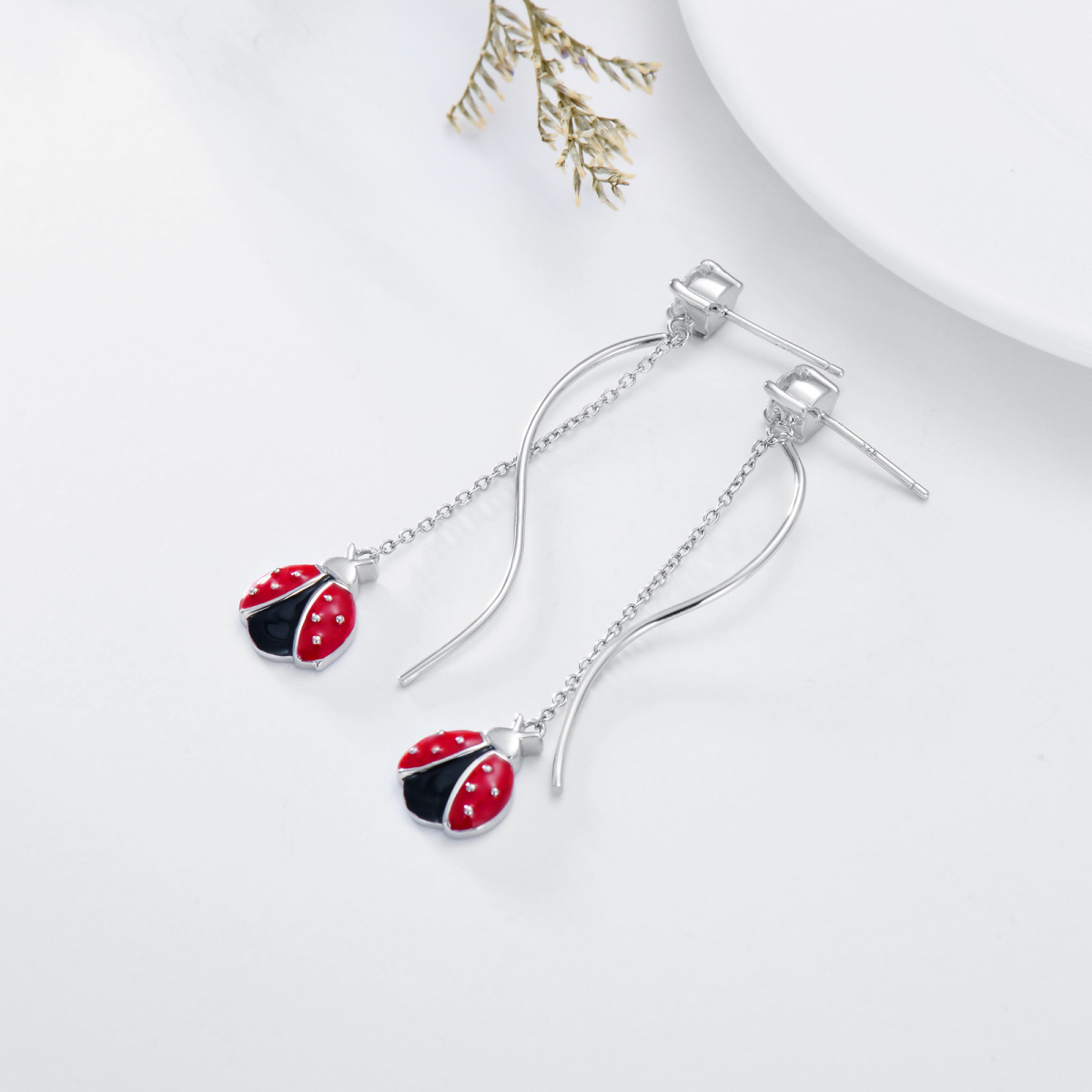 Sterling Silver Round Cubic Zirconia Ladybug Drop Earrings-3