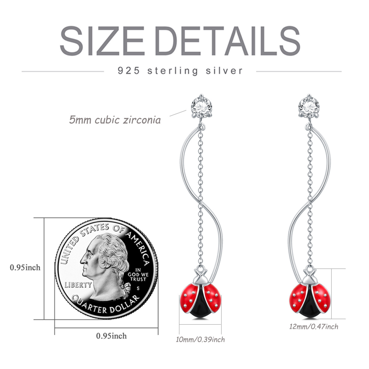 Sterling Silver Round Cubic Zirconia Ladybug Drop Earrings-5