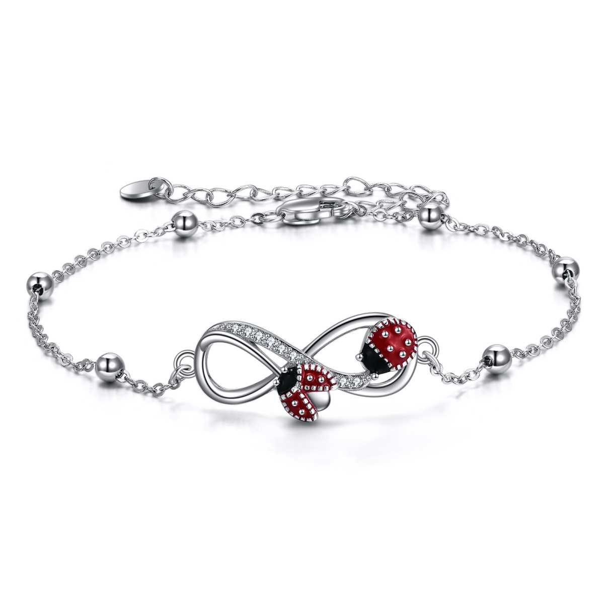 Sterling Silver Round Cubic Zirconia Ladybug & Infinity Symbol Charm Bracelet-1