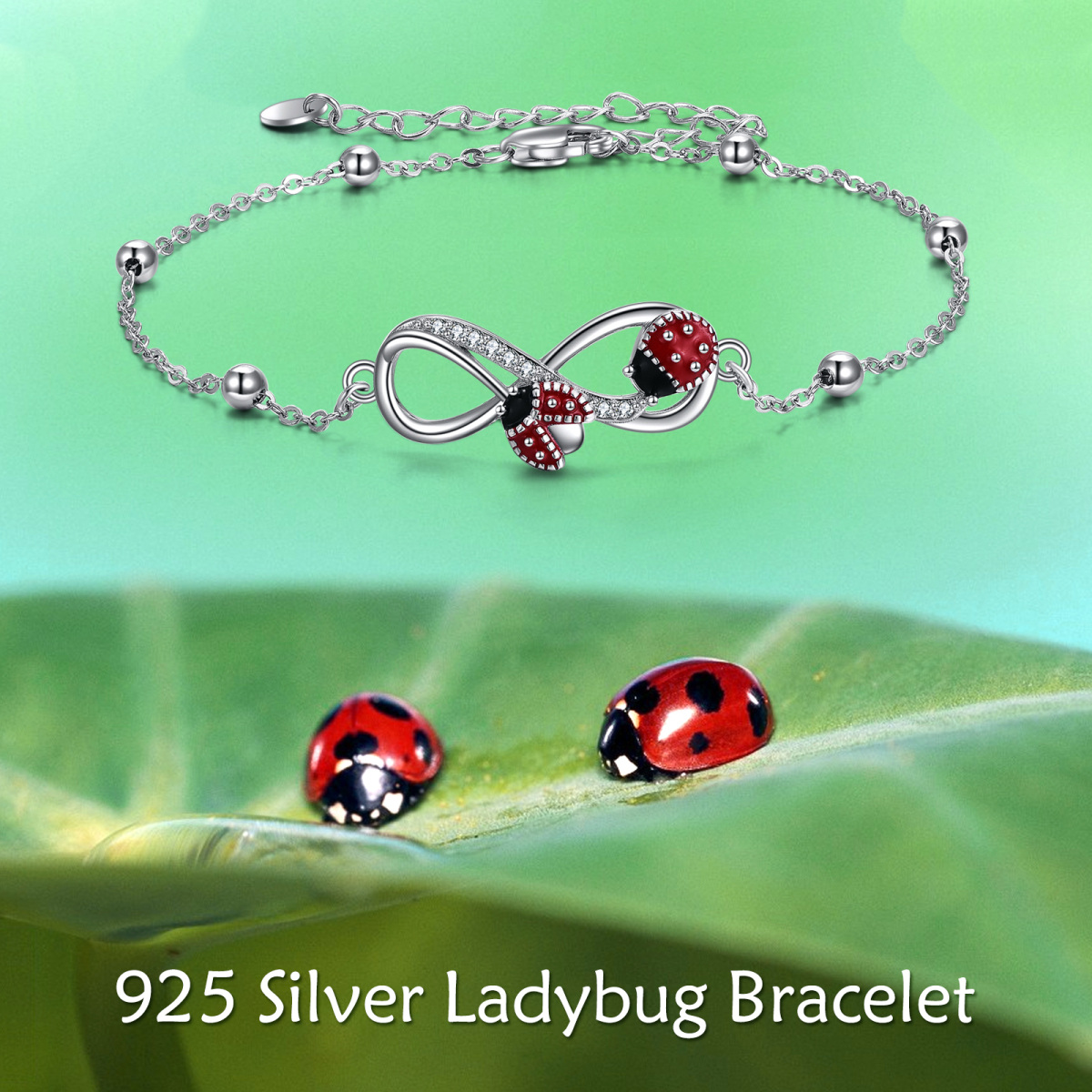 Sterling Silver Round Cubic Zirconia Ladybug & Infinity Symbol Charm Bracelet-3