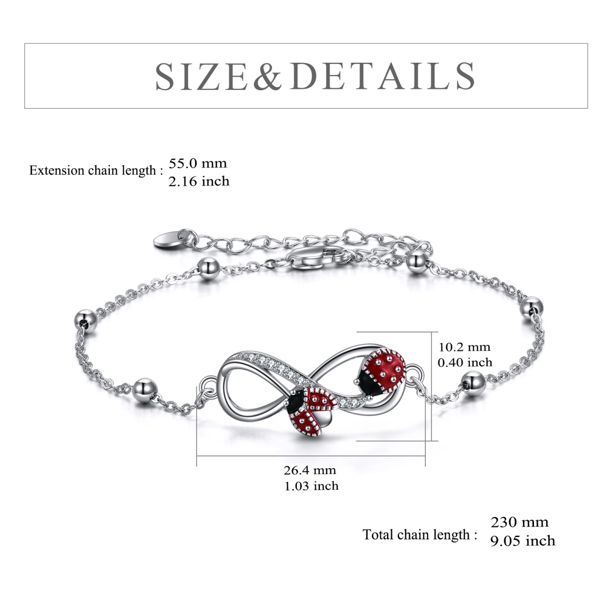 Sterling Silver Round Cubic Zirconia Ladybug & Infinity Symbol Charm Bracelet-6