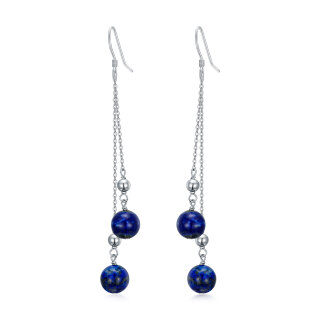 Sterling Silver Round Lapis Lazuli Bead Drop Earrings-40