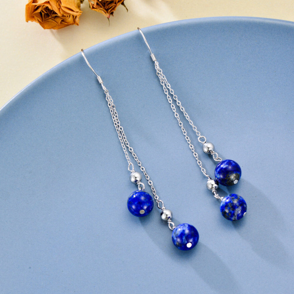 Sterling Silver Round Lapis Lazuli Bead Drop Earrings-3