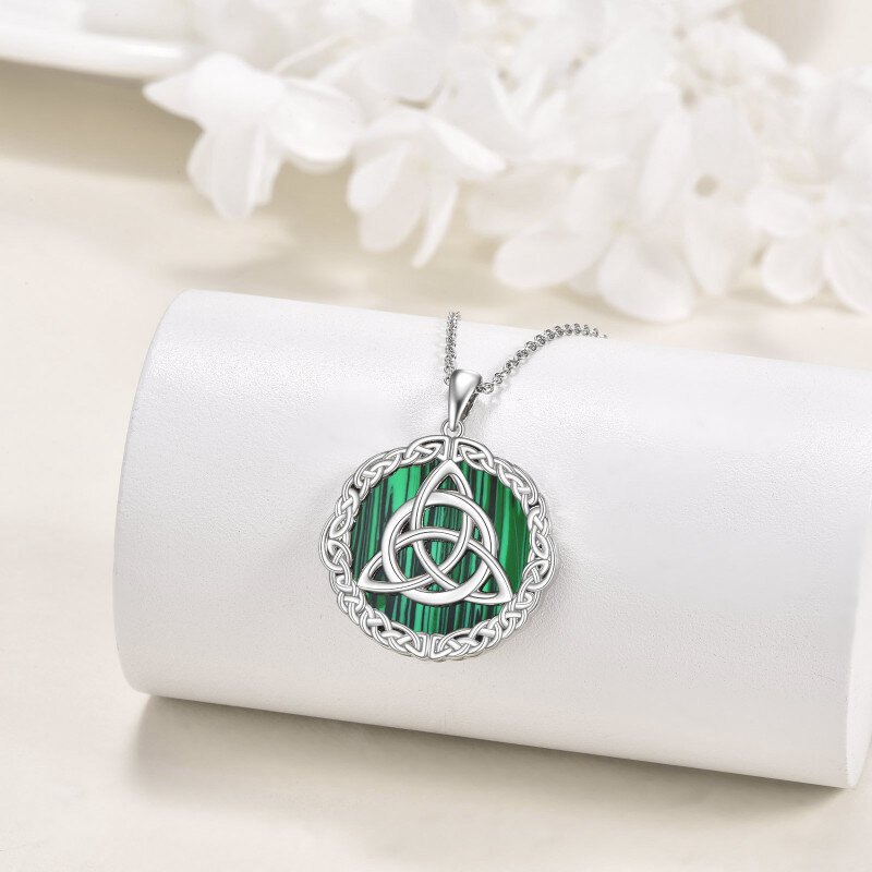 Sterling Silver Round Malachite Celtic Knot Pendant Necklace-3