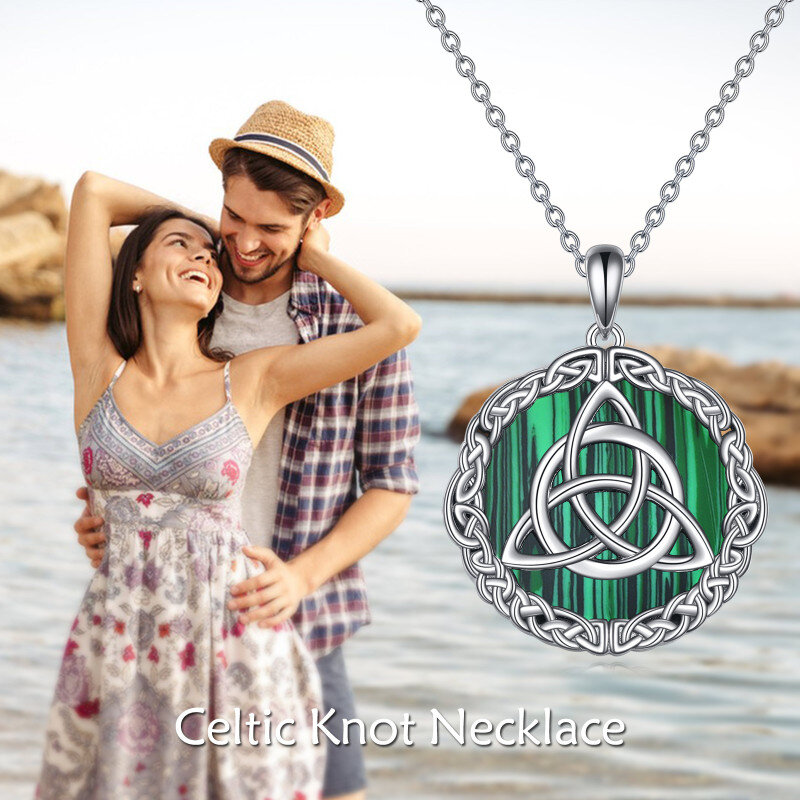 Sterling Silver Round Malachite Celtic Knot Pendant Necklace-5