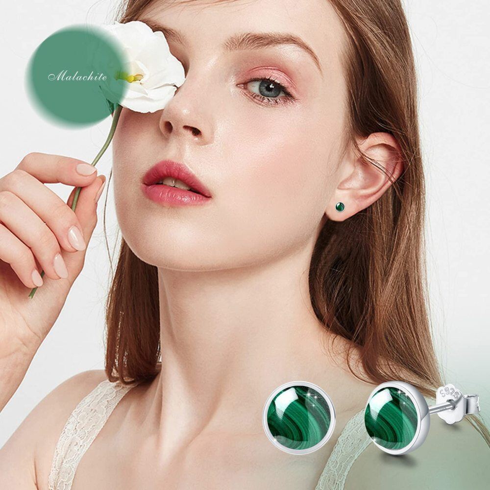 Sterling Silver Round Malachite Round Stud Earrings-2
