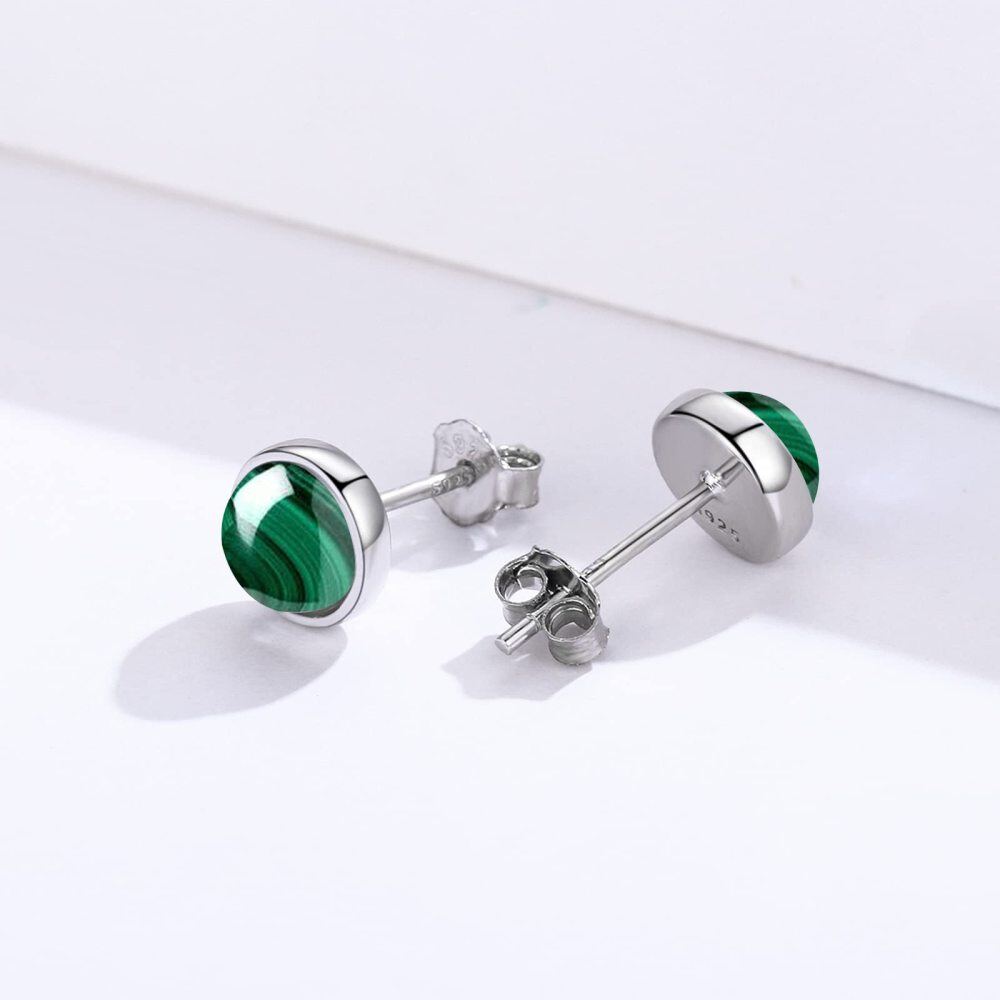 Sterling Silver Round Malachite Round Stud Earrings-4