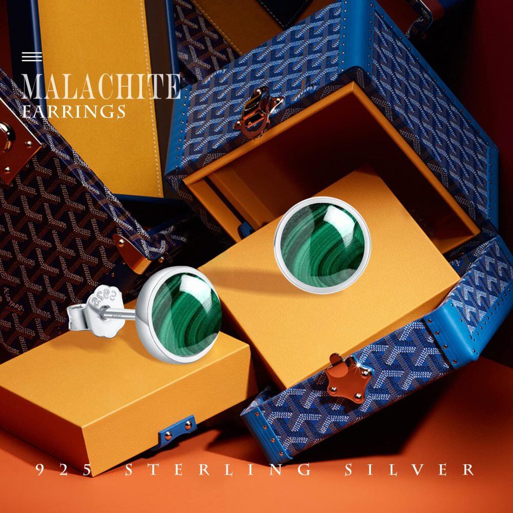 Sterling Silver Round Malachite Round Stud Earrings-5
