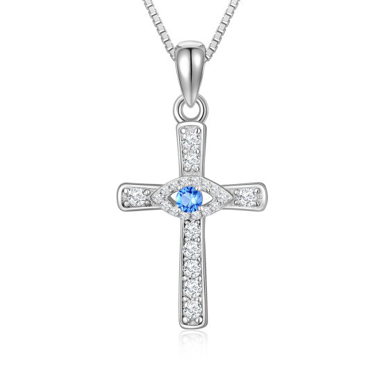 Sterling Silver Round Moissanite Cross & Evil Eye Pendant Necklace