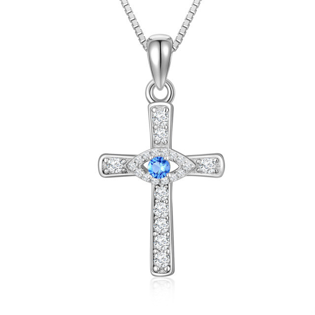 Sterling Silver Round Moissanite Cross & Evil Eye Pendant Necklace-1