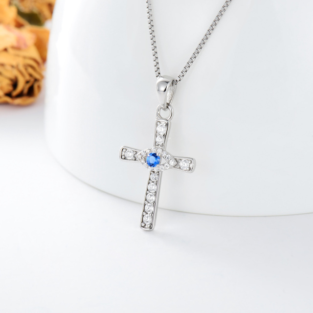 Sterling Silver Round Moissanite Cross & Evil Eye Pendant Necklace-3