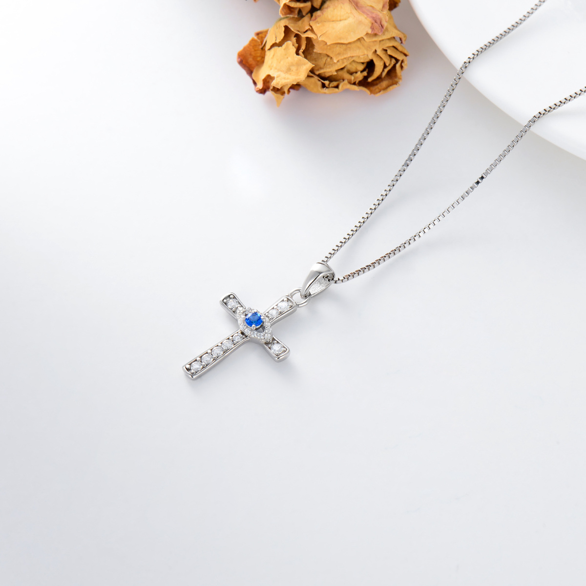 Sterling Silber Runde Moissanite Kreuz & Evil Eye Anhänger Halskette-4