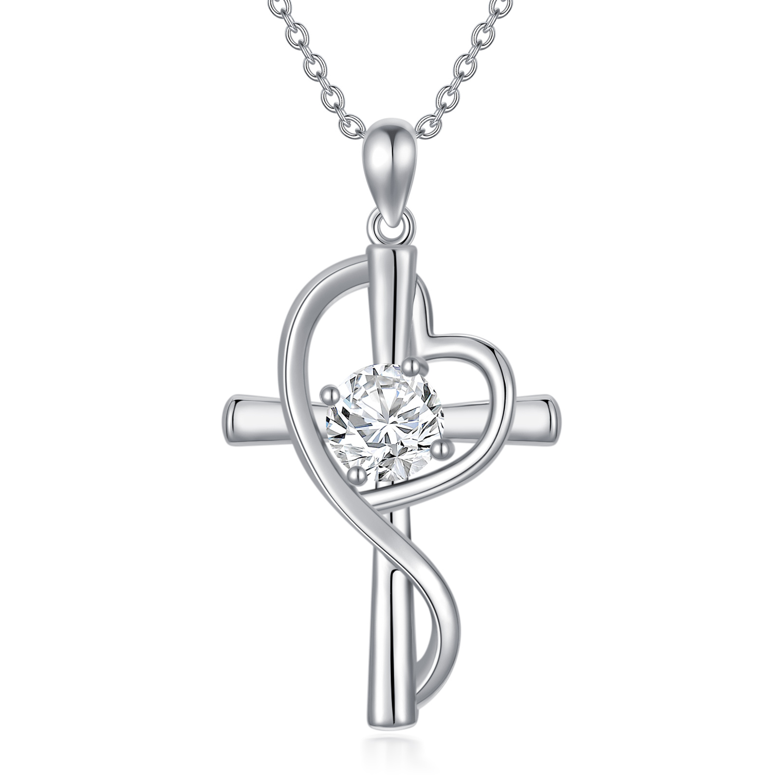 Sterling Silver Round Moissanite Cross & Heart Pendant Necklace
