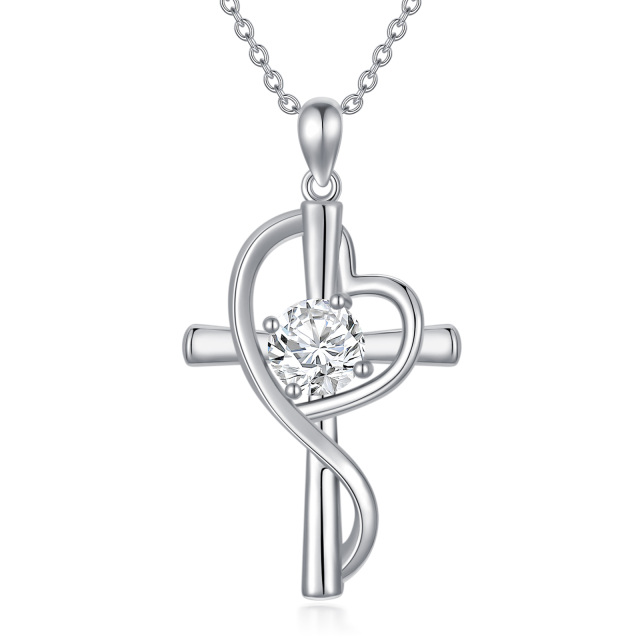 Sterling Silver Round Moissanite Cross & Heart Pendant Necklace-1