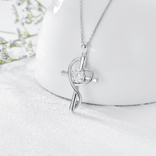 Sterling Silver Round Moissanite Cross & Heart Pendant Necklace-3