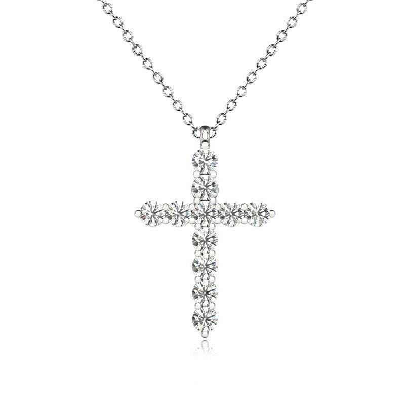 Sterling Silver Round Moissanite Cross Pendant Necklace