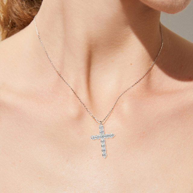 Sterling Silver Round Moissanite Cross Pendant Necklace-2