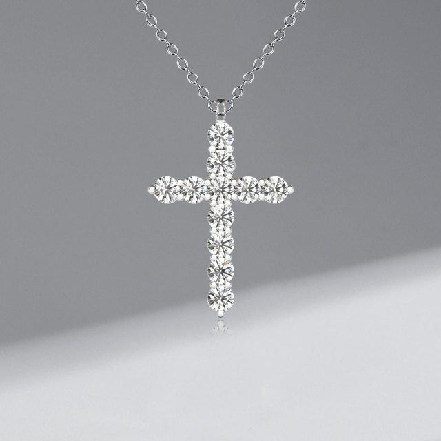 Sterling Silver Round Moissanite Cross Pendant Necklace-4