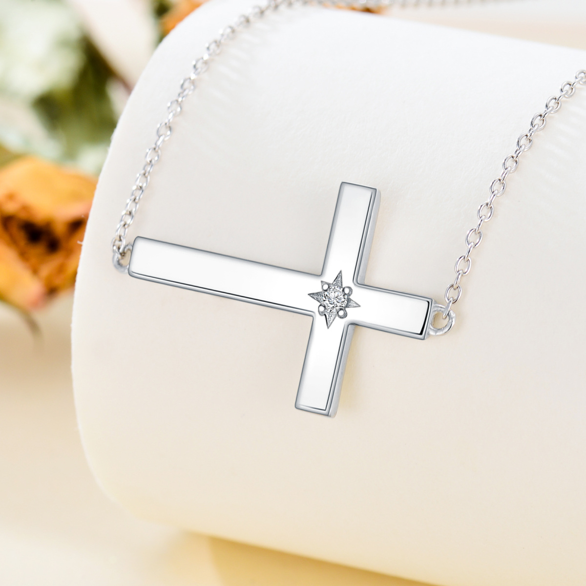 Sterling Silver Round Moissanite Cross Pendant Necklace-5