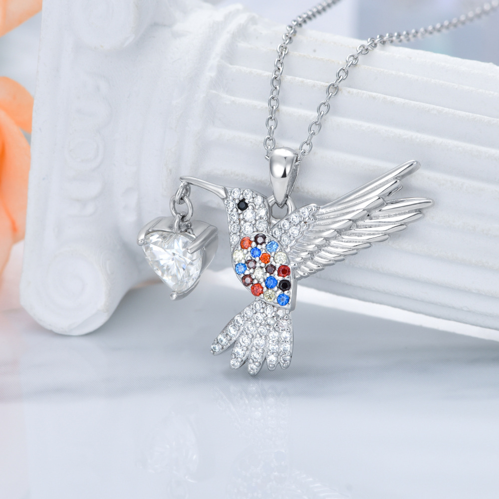 Sterling Silver Round Moissanite Hummingbird & Heart Pendant Necklace-3