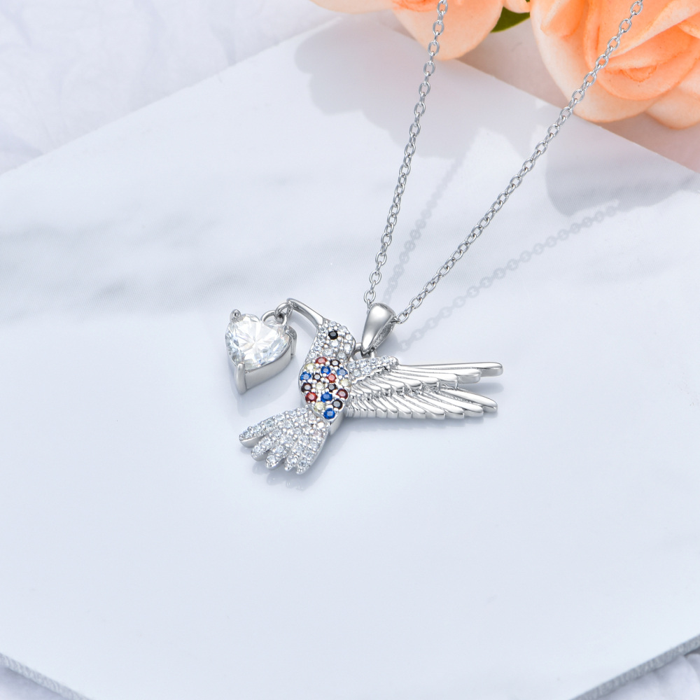 Sterling Silver Round Moissanite Hummingbird & Heart Pendant Necklace-4