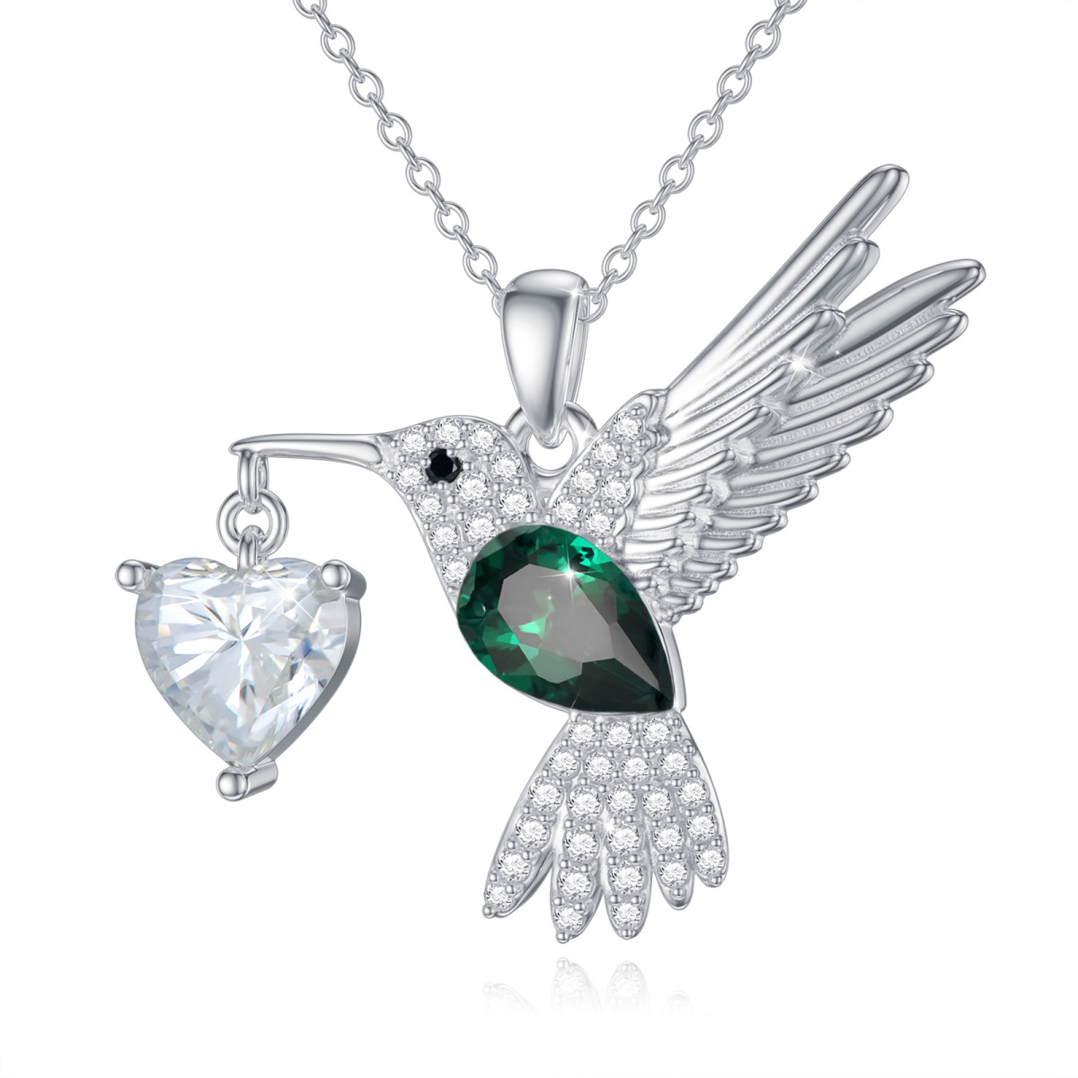 Sterling Silver Round Moissanite Hummingbird & Heart Pendant Necklace-1
