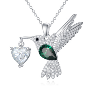 Sterling Silver Round Moissanite Hummingbird & Heart Pendant Necklace-30