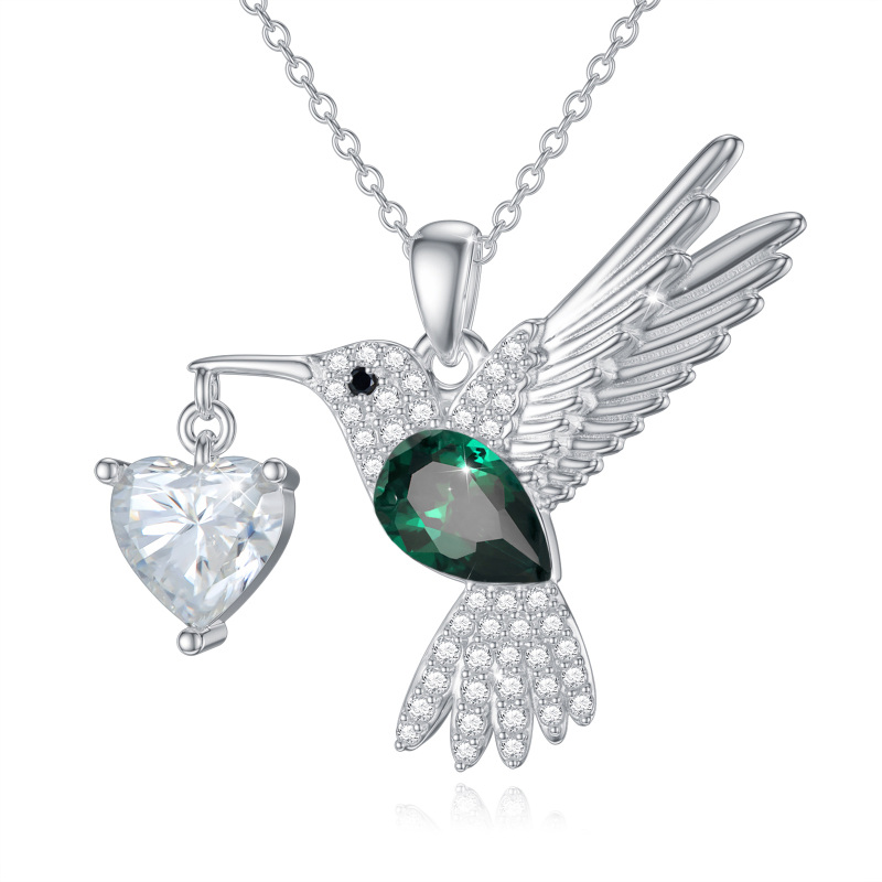Sterling Silver Round Moissanite Hummingbird & Heart Pendant Necklace-31