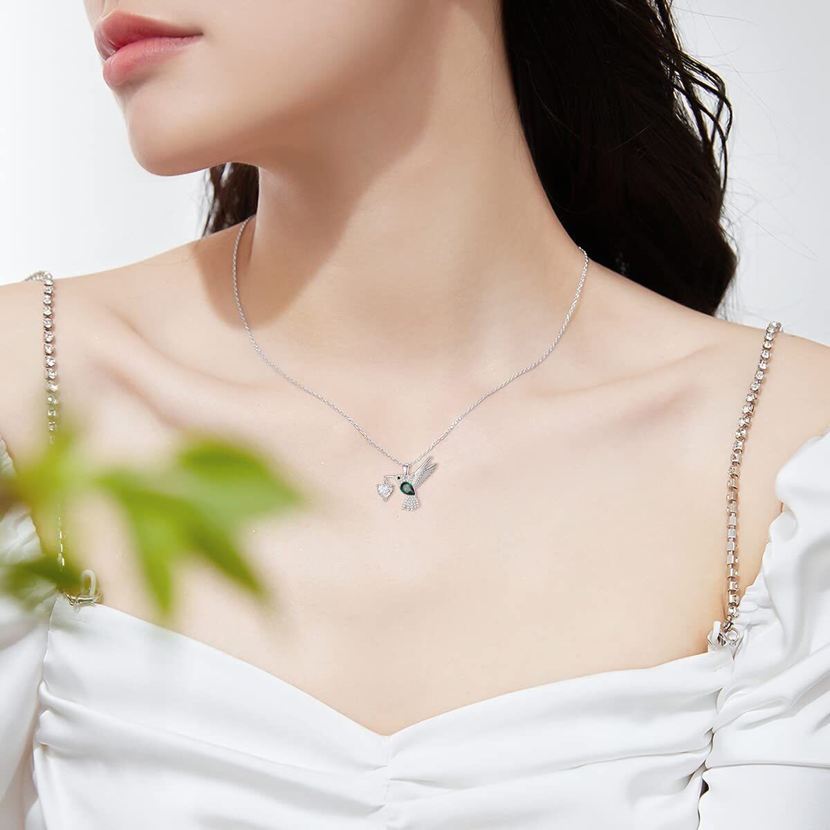 Sterling Silver Round Moissanite Hummingbird & Heart Pendant Necklace-2