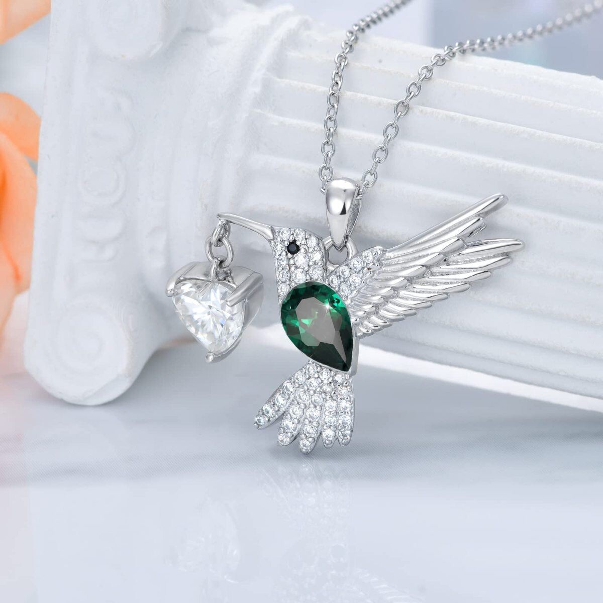 Sterling Silver Round Moissanite Hummingbird & Heart Pendant Necklace-3