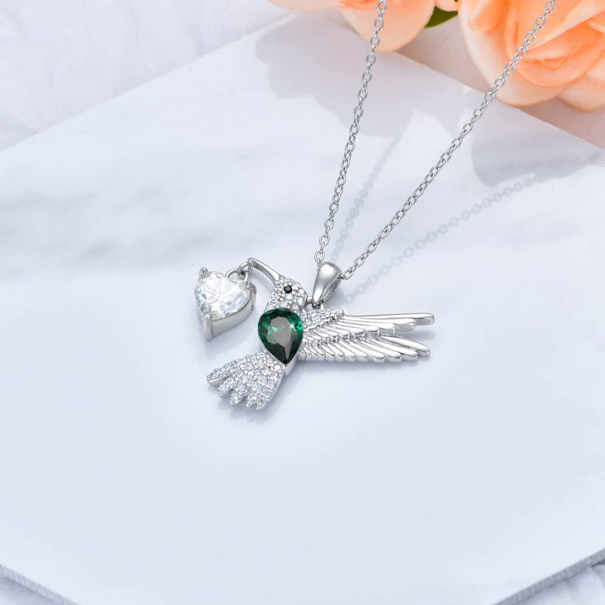 Sterling Silver Round Moissanite Hummingbird & Heart Pendant Necklace-4