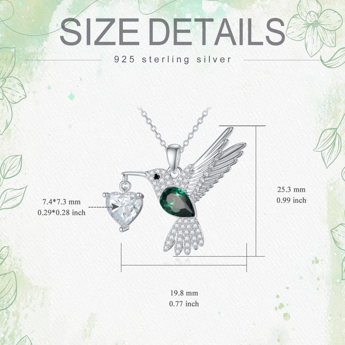 Sterling Silver Round Moissanite Hummingbird & Heart Pendant Necklace-5