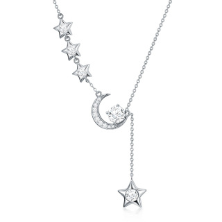 Sterling Silver Round Moissanite Moon & Star Pendant Necklace-3