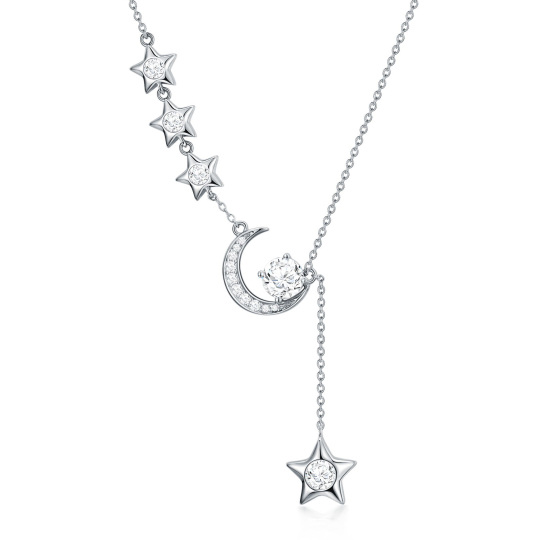 Sterling Silver Round Moissanite Moon & Star Pendant Necklace