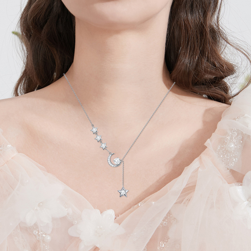 Sterling Silver Round Moissanite Moon & Star Pendant Necklace-2