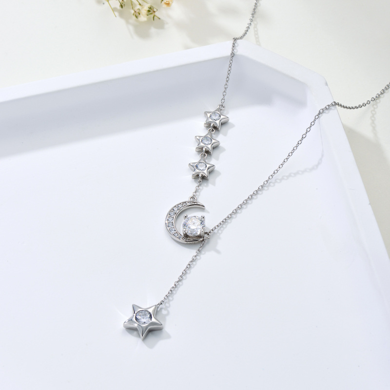 Sterling Silver Round Moissanite Moon & Star Pendant Necklace-3