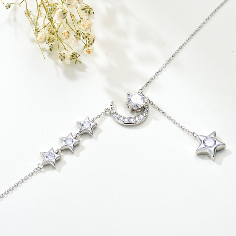 Sterling Silver Round Moissanite Moon & Star Pendant Necklace-4