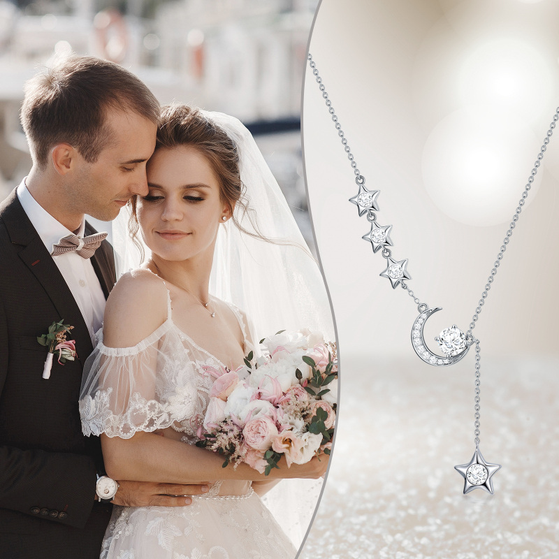 Sterling Silver Round Moissanite Moon & Star Pendant Necklace-5