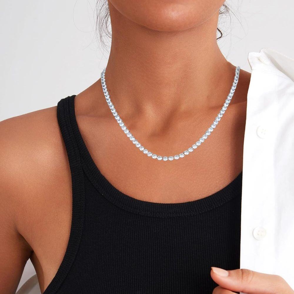 Sterling Silver Round Moissanite Tennis Chain Necklace-2