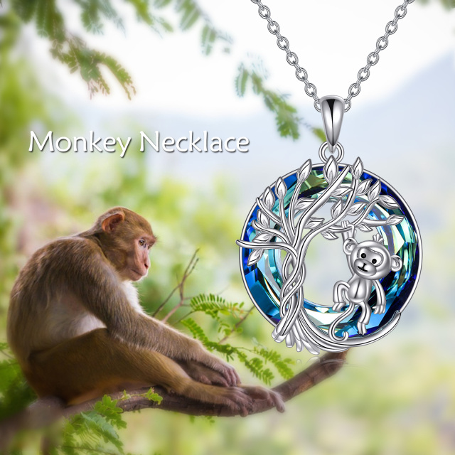 Sterling Silver Round Monkey & Tree Of Life Crystal Pendant Necklace-6