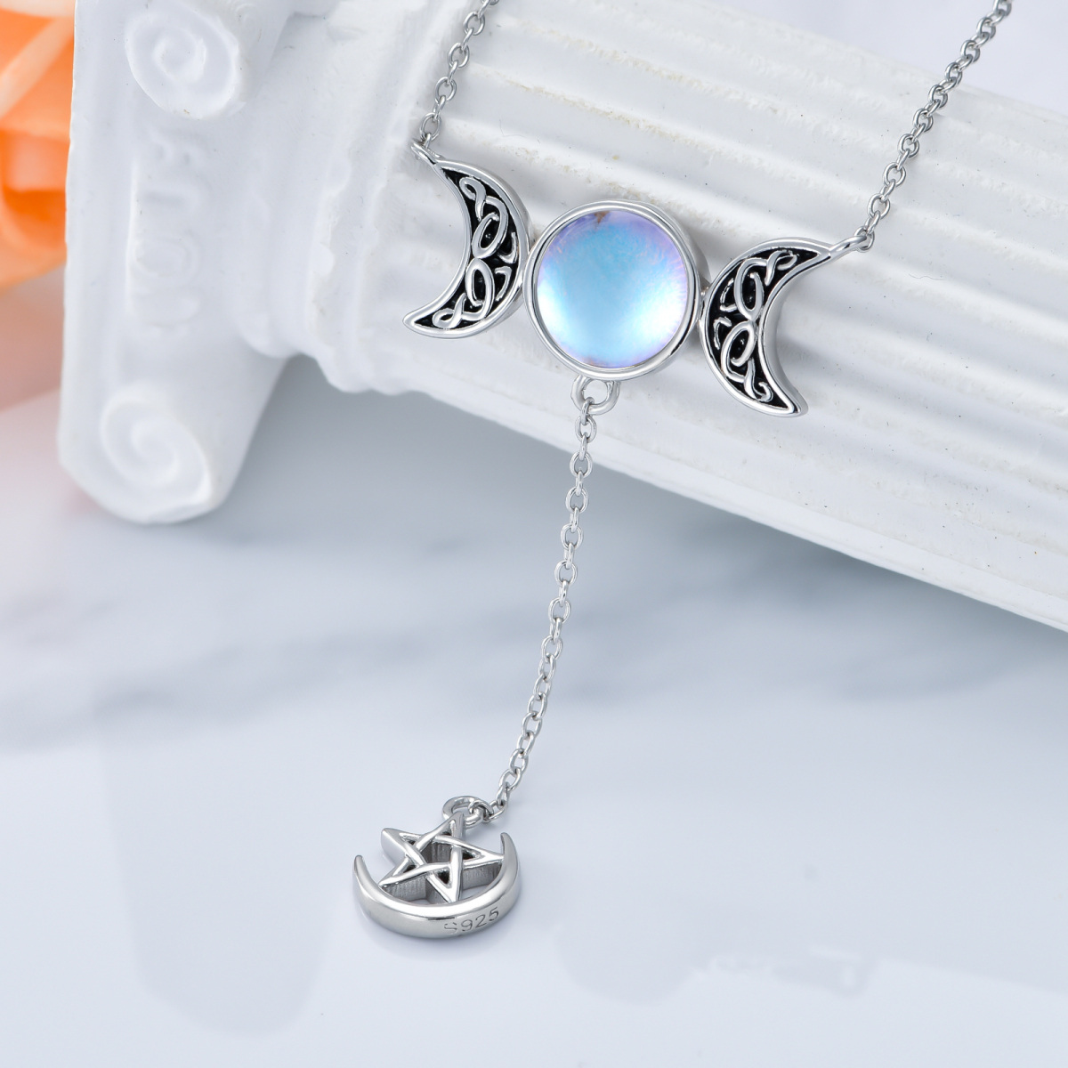 Sterling Silver Round Moon Crystal Pendant Necklace-5