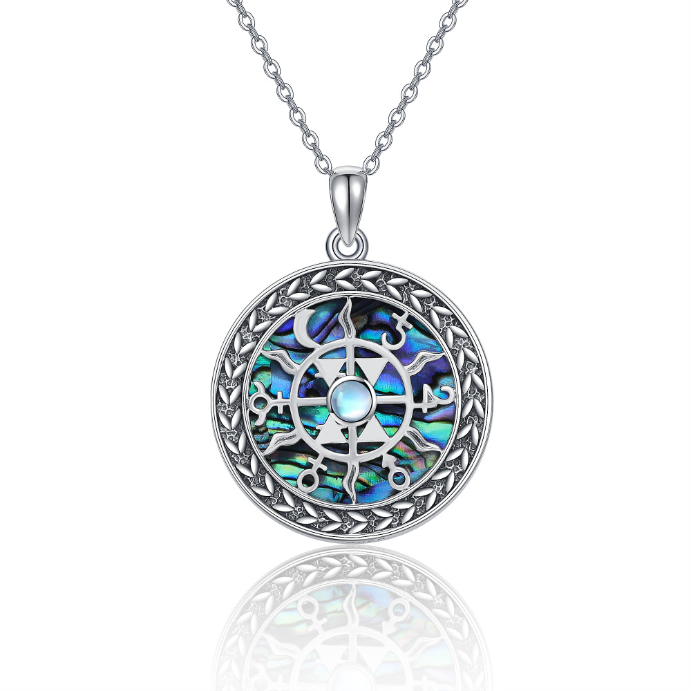 Sterling Silver Round Moonstone & Abalone Shellfish Celtic Knot Pendant Necklace-1