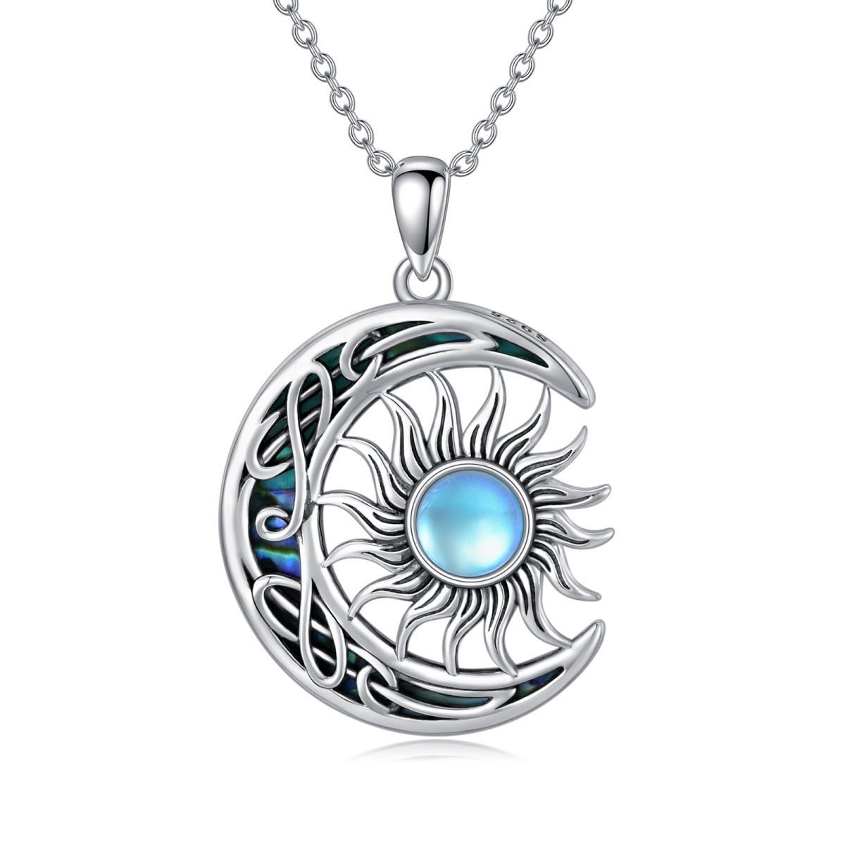 Collier en argent sterling avec pendentif lune et soleil en pierre de lune ronde et coquil-1