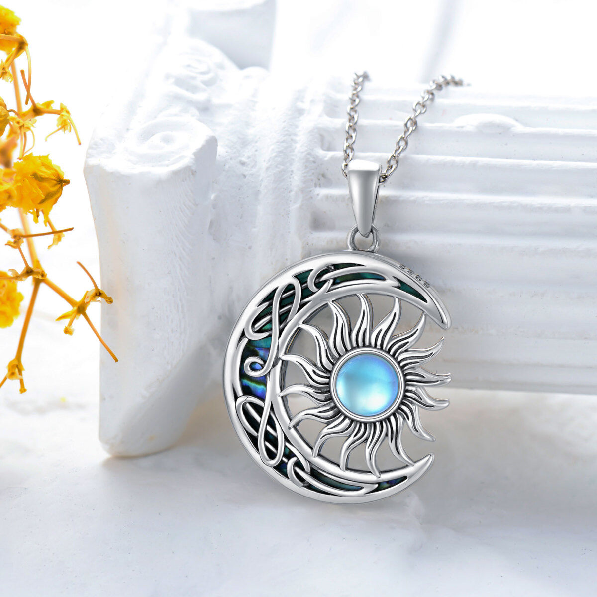 Sterling Silver Moon Abalone Shellfish With Moonstone Sun Pendant Necklace For Women-3