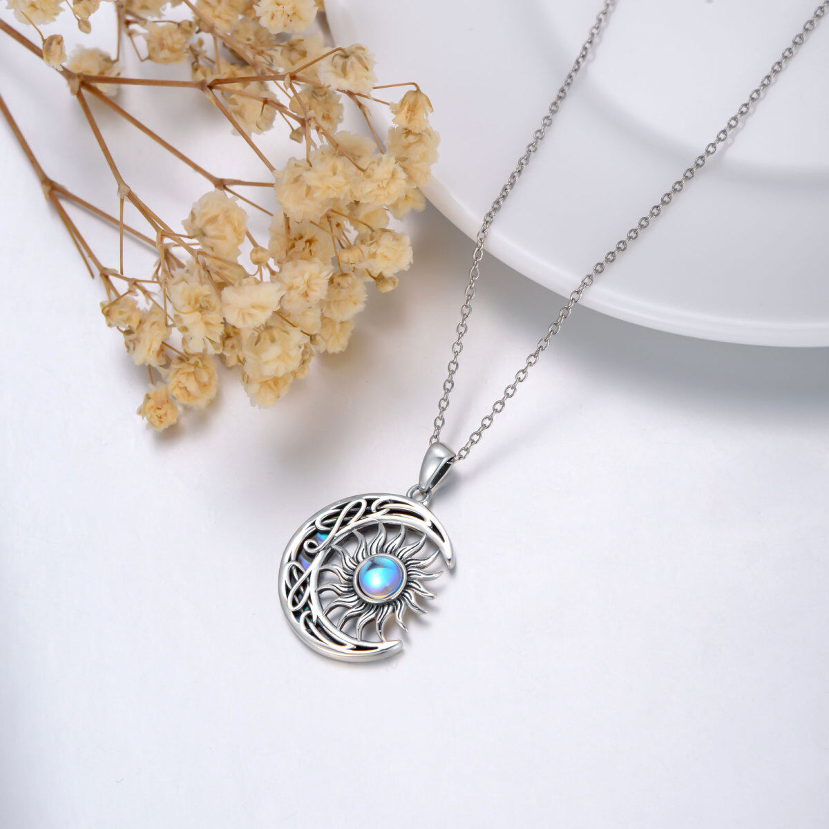 Sterling Silver Moon Abalone Shellfish With Moonstone Sun Pendant Necklace For Women-4